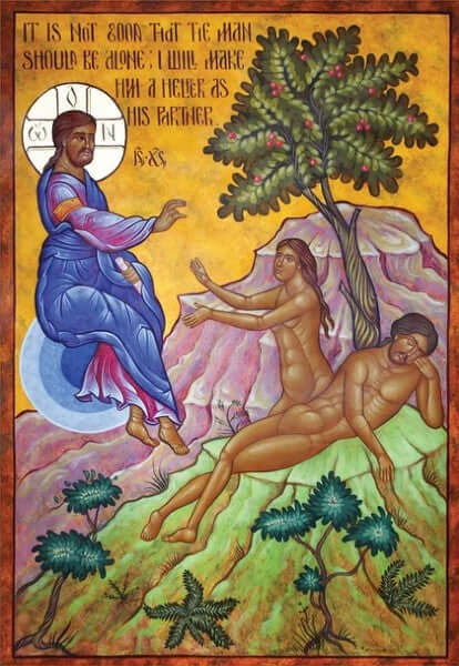 Icon of Christ creating Eve from Adam beneath the tree in Eden.
